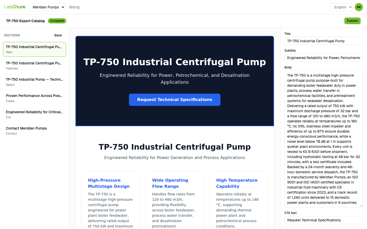 LabChure editor showing a generated industrial pump brochure with evidence panel